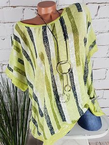Round Neck Glitter Loose Fitting Striped Blouses