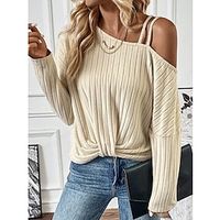 Women's Shirt Blouse Ribbed Plain Beige Long Sleeve Casual Fashion One Shoulder Regular Fit Spring   Fall Lightinthebox - thumbnail