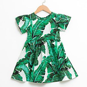 Kids Little Girls' Dress Tropical Leaf Plants Trees / Leaves Causal Holiday Print Green Midi Short Sleeve Regular Basic Dresses Children's Day Fall Spring  Summer Loose 2-12 Years miniinthebox