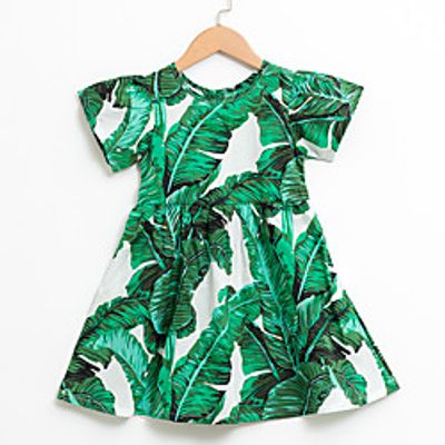 Kids Little Girls' Dress Tropical Leaf Plants Trees / Leaves Causal Holiday Print Green Midi Short Sleeve Regular Basic Dresses Children's Day Fall Spring  Summer Loose 2-12 Years miniinthebox