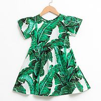 Kids Little Girls' Dress Tropical Leaf Plants Trees / Leaves Causal Holiday Print Green Midi Short Sleeve Regular Basic Dresses Children's Day Fall Spring  Summer Loose 2-12 Years miniinthebox - thumbnail