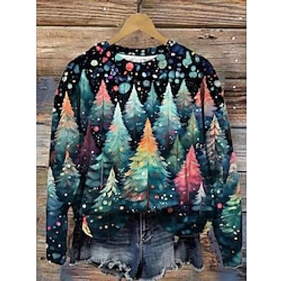 Christmas Sweatshirt Women's Sweatshirt Pullover Christmas Tree Sportswear Festival Print Blue Christmas Casual Round Neck Long Sleeve Top Micro-elastic Fall  Winter Lightinthebox