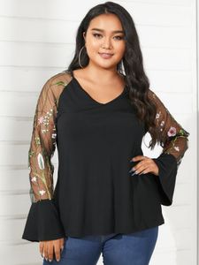 YOINS Plus Size V-neck Mesh Embroidery Patchwork Long sleeves Blouse