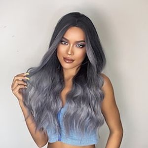 20 Inch Synthetic Wig Women's Wig Black Gradient Blue Gray  Long Wave Hair without Bangs  Fashion Elegant Daily  Natural Lightinthebox