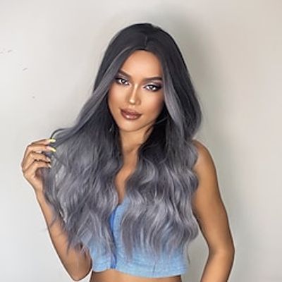 20 Inch Synthetic Wig Women's Wig Black Gradient Blue Gray Long Wave Hair without Bangs Fashion Elegant Daily Natural Lightinthebox 20 Inch Synthetic Wig Women's Wig Black Gradient Blue Gray Long Wave Hair without Bangs Fashion Elegant Daily Natural Lightinthebox
