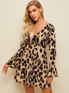 YOINS Leopard Wrap Backless Tie-up V-neck Long Sleeves Dress