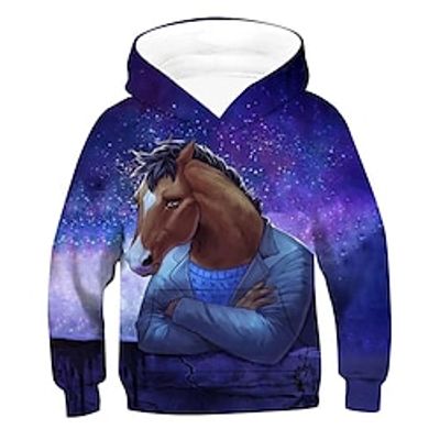 Kids Unisex Hoodie Long Sleeve 3D Print Graphic Patterned Horse Animal Pocket Purple Children Tops Fall Winter Fashion Cool Daily Outdoor Regular Fit 3-12 Years Lightinthebox