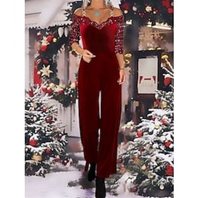 Women's Jumpsuit High Waist Sequin Solid Color V Neck Streetwear Christmas Homecoming Regular Fit Long Sleeve Wine Green S M L Fall Lightinthebox Women's Jumpsuit High Waist Sequin Solid Color V Neck Streetwear Christmas Homecoming Regular Fit Long Sleeve Wine Green S M L Fall Lightinthebox