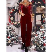 Women's Jumpsuit High Waist Sequin Solid Color V Neck Streetwear Christmas Homecoming Regular Fit Long Sleeve Wine Green S M L Fall Lightinthebox - thumbnail