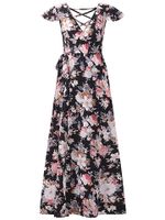 Floral Print Backless Criss-cross Maxi Dresses