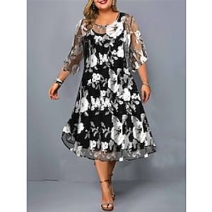 Women's Plus Size Casual Dress Lace Dress Dress Set Floral Midi Dress 3/4 Length Sleeve Print Crew Neck Fashion Office Black Summer Spring L XL XXL 3XL 4XL miniinthebox