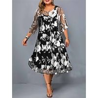 Women's Plus Size Casual Dress Lace Dress Dress Set Floral Midi Dress 3/4 Length Sleeve Print Crew Neck Fashion Office Black Summer Spring L XL XXL 3XL 4XL miniinthebox - thumbnail