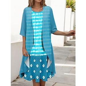 Women's Two Piece Dress Set Casual Dress Chiffon Dress Outdoor Holiday Fashion Modern Print Midi Dress Crew Neck Half Sleeve Stripe Loose Fit Blue Purple Green Spring S M L XL XXL Lightinthebox