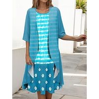Women's Two Piece Dress Set Casual Dress Chiffon Dress Outdoor Holiday Fashion Modern Print Midi Dress Crew Neck Half Sleeve Stripe Loose Fit Blue Purple Green Spring S M L XL XXL Lightinthebox - thumbnail