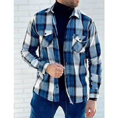 Men's Shirt Flannel Shirt Plaid Shirt Shirt Jacket Shacket Overshirt Shacket Blue Long Sleeve Plaid  Check Lapel Fall  Winter Outdoor Daily Wear Clothing Apparel Front Pocket Lightinthebox
