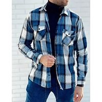 Men's Shirt Flannel Shirt Plaid Shirt Shirt Jacket Shacket Overshirt Shacket Blue Long Sleeve Plaid  Check Lapel Fall  Winter Outdoor Daily Wear Clothing Apparel Front Pocket Lightinthebox - thumbnail