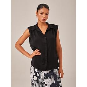 Satin Casual Solid Sleeveless Collared Shirt