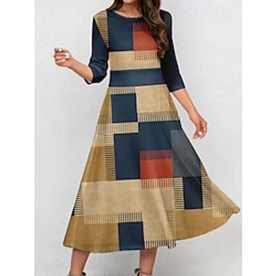 Women's Retro 1950s Vintage Dress Midi Dress Daily Date Print Plaid Crew Neck 34 Length Sleeve Slim Spring 2023 Yellow Wine S M L XL Lightinthebox
