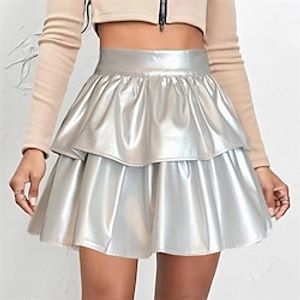 Women's Tutu Mini Artificial Leather Silver Black Skirts All Seasons Ruched Patchwork Shiny Metallic Lined Fashion Street Homecoming S M L Lightinthebox
