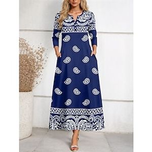 Women's Paisley Dress Casual Dress Paisley Print Button Crew Neck Midi Dress Vintage Street Date Long Sleeve Regular Fit Wine Navy Blue Purple Summer Spring S M L XL XXL Lightinthebox