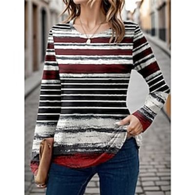 Women's T shirt Tee Striped Black Yellow Red Print Long Sleeve Daily Going out Fashion Round Neck Regular Fit Spring   Fall Lightinthebox