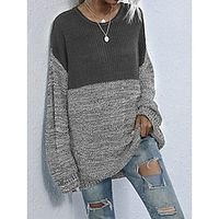 Women's Pullover Sweater Jumper Crew Neck Ribbed Knit Polyester Patchwork Fall Winter Regular Outdoor Daily Going out Stylish Casual Soft Long Sleeve Color Block Black Wine Khaki S M L miniinthebox - thumbnail