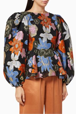 Gara Floral Embroidery Peplum Top Gara Floral Embroidery Peplum Top