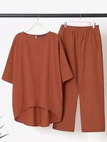 Round Neck Casual Loose Solid Color Elastic Waist Pants Suit