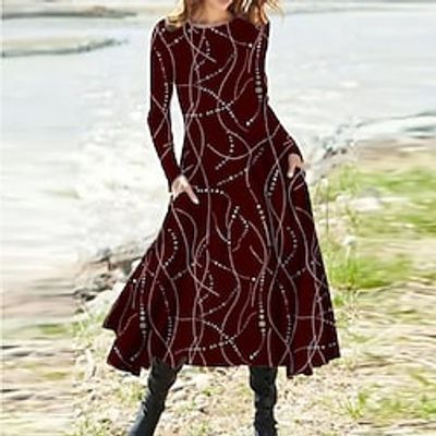 Women's Casual Dress Swing Dress Midi Dress Green Wine Long Sleeve Color Gradient Pocket Print Winter Fall Vacation Casual Fall Dress 2022 S M L XL XXL 3XL / Winter Dress miniinthebox