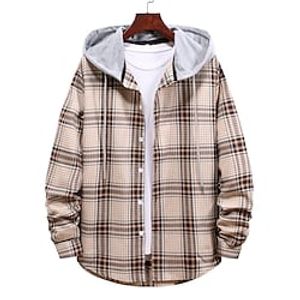 Men's Shirt Button Up Shirt Casual Shirt Hooded Shirt Yellow Green khaki Coffee Long Sleeve Plaid  Check Hooded Street Daily Hooded Clothing Apparel Stylish Casual Classic Keep Warm Lightinthebox