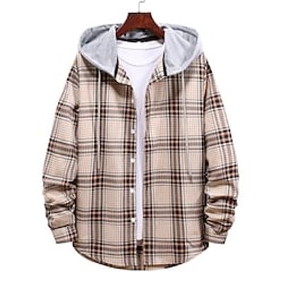 Men's Shirt Button Up Shirt Casual Shirt Hooded Shirt Yellow Green khaki Coffee Long Sleeve Plaid  Check Hooded Street Daily Hooded Clothing Apparel Stylish Casual Classic Keep Warm Lightinthebox