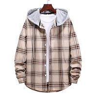Men's Shirt Button Up Shirt Casual Shirt Hooded Shirt Yellow Green khaki Coffee Long Sleeve Plaid  Check Hooded Street Daily Hooded Clothing Apparel Stylish Casual Classic Keep Warm Lightinthebox - thumbnail