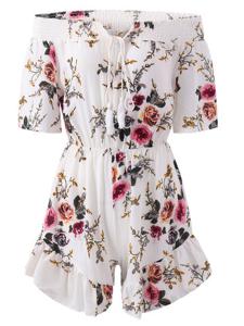 Sexy Floral Print Off-shoulder Tie Short Sleeve Women Jumpsuit