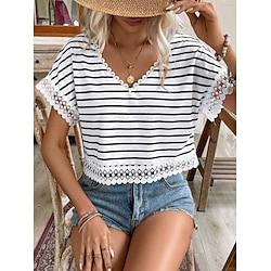 Women's Crop Top Striped Casual Holiday Lace Print White Short Sleeve Fashion V Neck Summer Lightinthebox