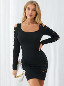 Sexy Hollow Design Cut Out Round Neck Long Sleeves Dress