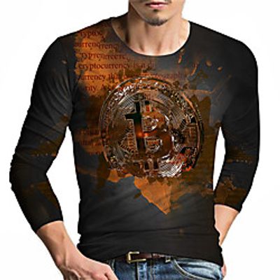 Men's Unisex Tee T shirt Shirt 3D Print Graphic Prints Bitcoin Print Long Sleeve Daily Tops Casual Designer Big and Tall Brown Lightinthebox