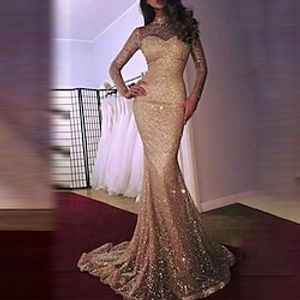 Women's Party Dress Bodycon Long Dress Maxi Dress Gold Long Sleeve Pure Color Sequins Mesh Winter Fall High Neck Party Elegant Party Fall Dress Slim 2022 S M L XL / Wedding Guest / Winter Dress miniinthebox