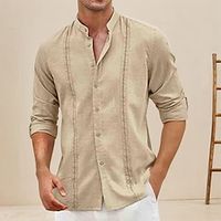 Men's Linen Shirt Shirt Summer Shirt Beach Shirt Black White Navy Blue Long Sleeve Plain Standing Collar Spring Fall Hawaiian Holiday Clothing Apparel Patchwork Lightinthebox