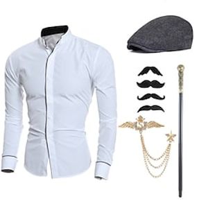 Mens 1920s Gangster Outfit Shirt with Accessories Set 5 Pcs Retro Vintage Roaring 20s Theme Party Cosplay Costume Newsboy Hat Beard Brooch Cane miniinthebox