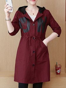 Hooded Drawstring Abstract Print Trench Coat