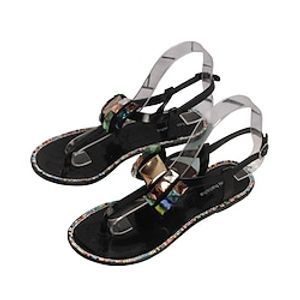 Women's Sandals Flat Sandals Rhinestone Flat Heel Round Toe Open Toe Elegant Casual Daily PVC Buckle Spring Summer Solid Colored Almond White Black Lightinthebox