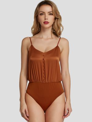 YOINS Burgundy Button Front Pleated V-neck Satin Bodysuit YOINS Burgundy Button Front Pleated V-neck Satin Bodysuit
