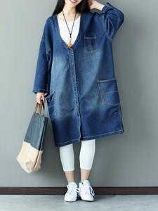 Loose Women Printed Stitching V-Neck Denim Jacket