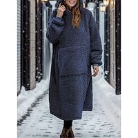 Women's Hoodie Dress Casual Dress Long Dress Maxi Dress Teddy Fleece Warm Home Going out Weekend Hoodie Pocket Pure Color Loose Fit Navy Blue S M L XL XXL Lightinthebox - thumbnail