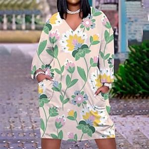 Women's Plus Size Casual Dress Floral V Neck Print Long Sleeve Fall Spring Casual Midi Dress Daily Holiday Dress  T Shirt Dress Tee Dress  Loose Fit Lightinthebox