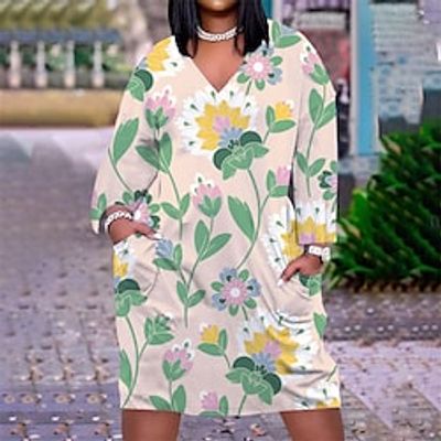 Women's Plus Size Casual Dress Floral V Neck Print Long Sleeve Fall Spring Casual Midi Dress Daily Holiday Dress  T Shirt Dress Tee Dress  Loose Fit Lightinthebox