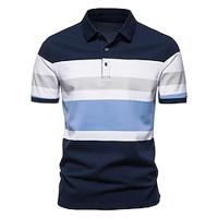 Men's Cotton Polo Shirt Golf Shirt Work Casual Lapel Short Sleeve Basic Modern Color Block Stripes Patchwork Button Spring Summer Regular Fit White Navy Blue Cotton Polo Shirt Lightinthebox