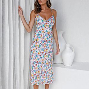 Women's Strap Dress Midi Dress White Sleeveless Floral Backless Split Print Summer V Neck Stylish Casual Vacation 2022 S M L XL miniinthebox