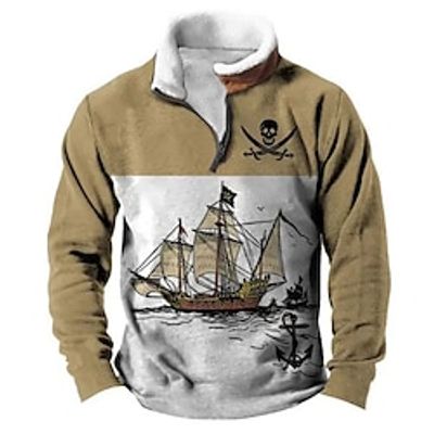 Graphic Ship Men's Daily 3D Print Sweatshirt Holiday Vacation Going out Sweatshirts Blue Green Long Sleeve Quarter Zip Print Fleece Fall  Winter Designer Hoodie Sweatshirt Lightinthebox