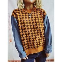Women's Pullover Sweater Jumper Crew Neck Chunky Knit Polyester Patchwork Spring Fall Winter Regular School Formal Daily Fashion Daily Vintage Style Long Sleeve Houndstooth Black Yellow Brown S M L miniinthebox - thumbnail